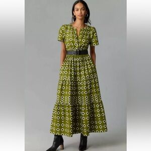 Anthropologie The Somerset Maxi Dress in Moss Green Black Geo XXS 00 0 2